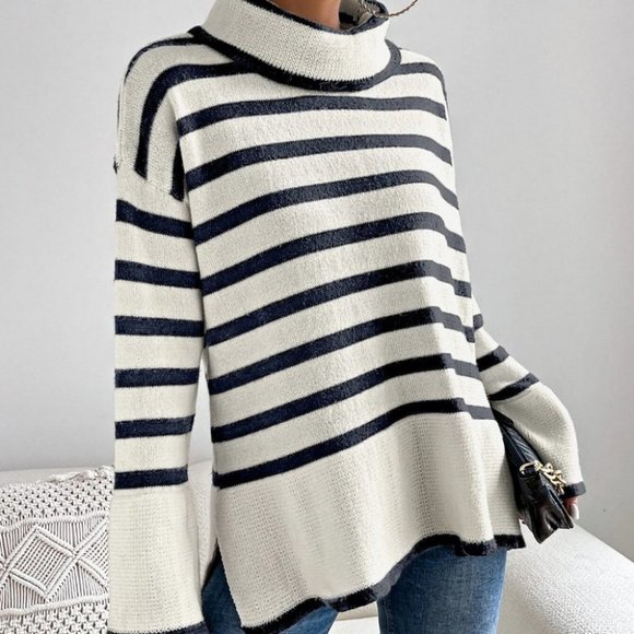 . Sweaters - White Preppy Womens Striped Pattern High Neck Split Hem Sweater